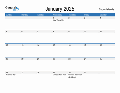 Current month calendar with Cocos Islands holidays for January 2025