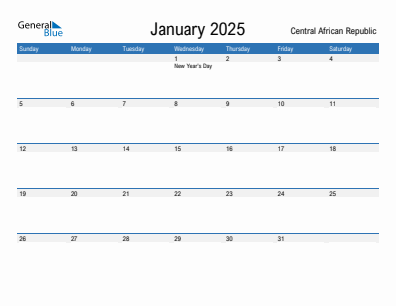 Current month calendar with Central African Republic holidays for January 2025