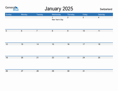 Current month calendar with Switzerland holidays for January 2025