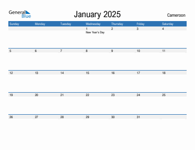 Current month calendar with Cameroon holidays for January 2025