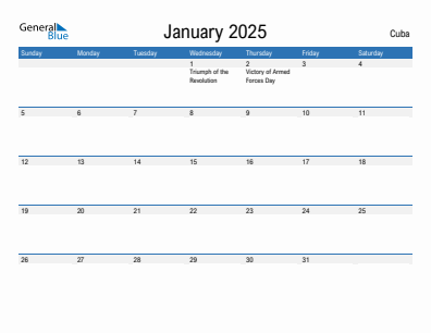 Current month calendar with Cuba holidays for January 2025