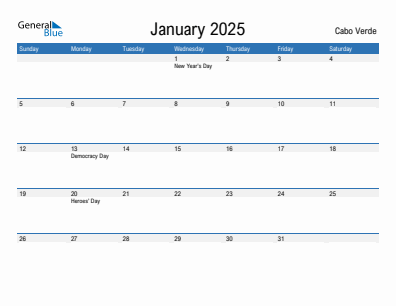 Current month calendar with Cabo Verde holidays for January 2025