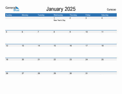 Current month calendar with Curacao holidays for January 2025