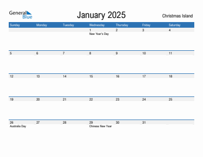 Current month calendar with Christmas Island holidays for January 2025