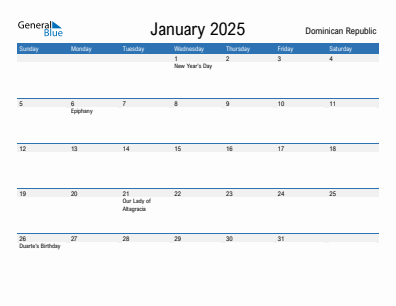 Current month calendar with Dominican Republic holidays for January 2025