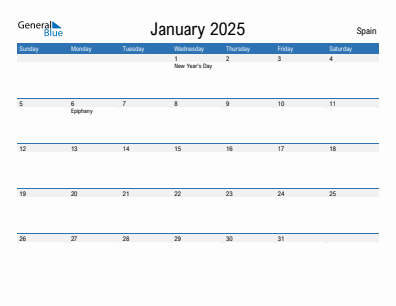 Current month calendar with Spain holidays for January 2025