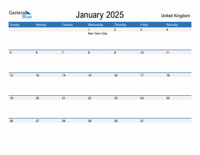 Current month calendar with United Kingdom holidays for January 2025