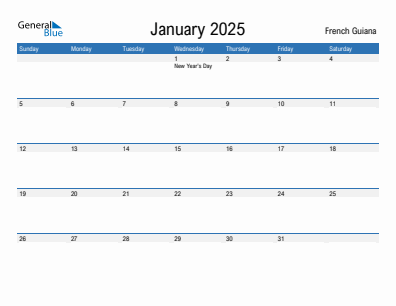 Current month calendar with French Guiana holidays for January 2025