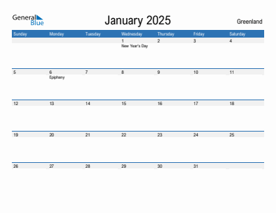 Current month calendar with Greenland holidays for January 2025