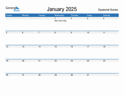 Current month calendar with Equatorial Guinea holidays for January 2025