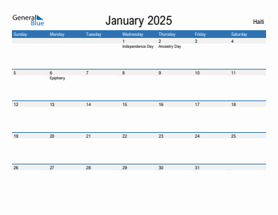 Current month calendar with Haiti holidays for January 2025