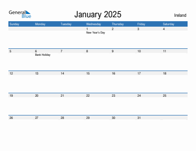 Current month calendar with Ireland holidays for January 2025