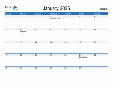 Current month calendar with Iceland holidays for January 2025