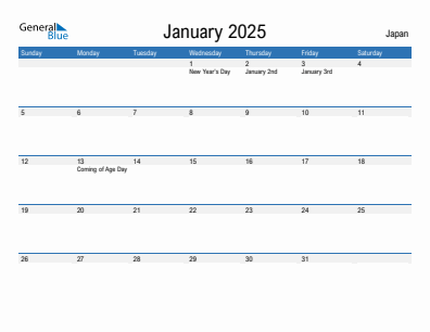 Current month calendar with Japan holidays for January 2025