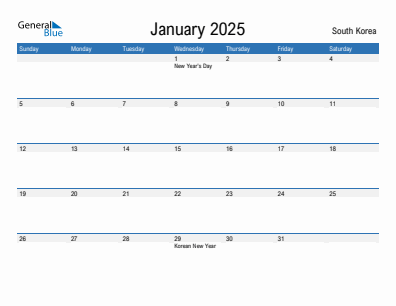 Current month calendar with South Korea holidays for January 2025