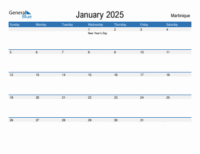 Current month calendar with Martinique holidays for January 2025