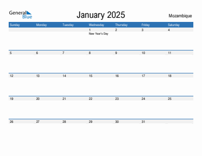 Current month calendar with Mozambique holidays for January 2025