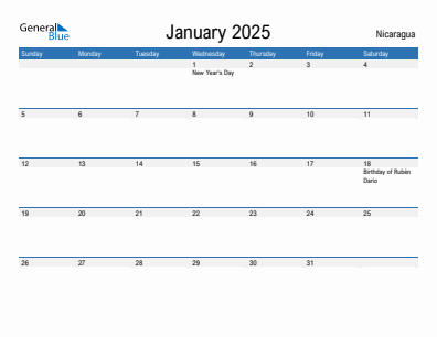 Current month calendar with Nicaragua holidays for January 2025