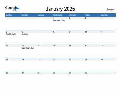 Current month calendar with Sweden holidays for January 2025