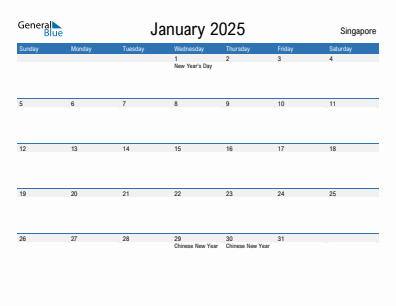 Current month calendar with Singapore holidays for January 2025