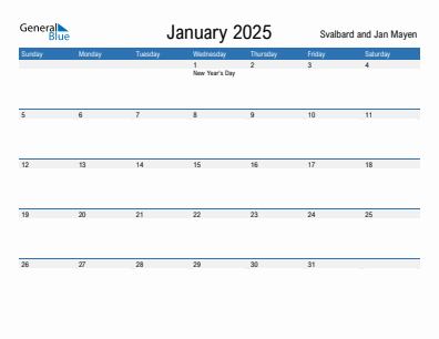 Current month calendar with Svalbard and Jan Mayen holidays for January 2025