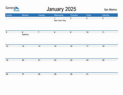 Current month calendar with San Marino holidays for January 2025