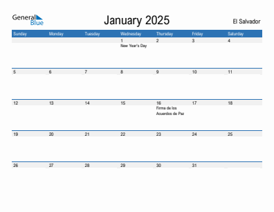 Current month calendar with El Salvador holidays for January 2025