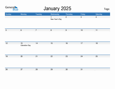 Current month calendar with Togo holidays for January 2025