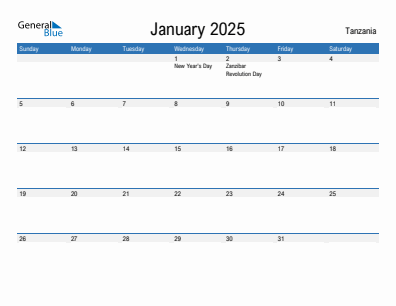 Current month calendar with Tanzania holidays for January 2025