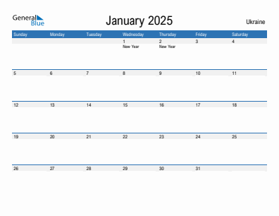 Current month calendar with Ukraine holidays for January 2025