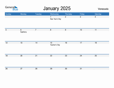 Current month calendar with Venezuela holidays for January 2025