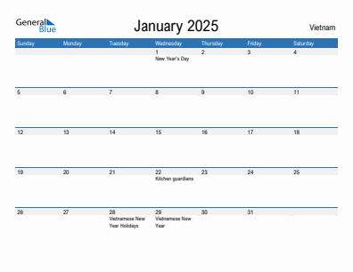 Current month calendar with Vietnam holidays for January 2025