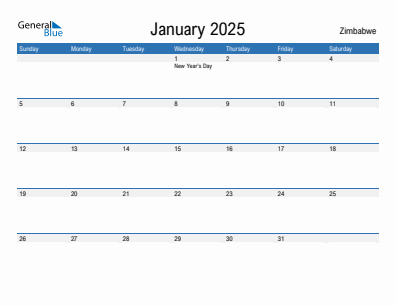 Current month calendar with Zimbabwe holidays for January 2025