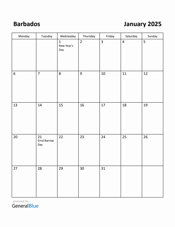 January 2025 Calendar with Barbados Holidays