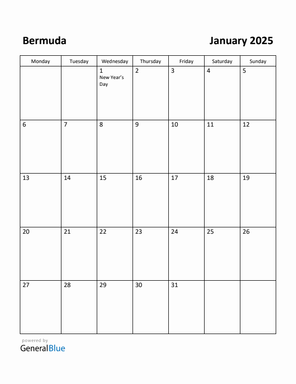 January 2025 Calendar with Bermuda Holidays