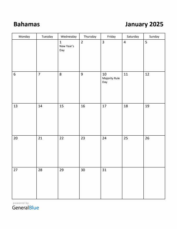 January 2025 Calendar with Bahamas Holidays