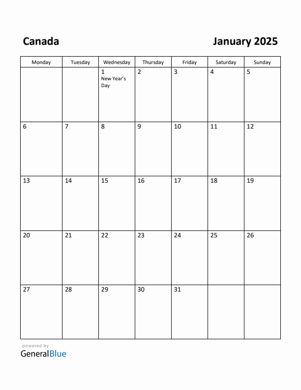 January 2025 Calendar with Canada Holidays