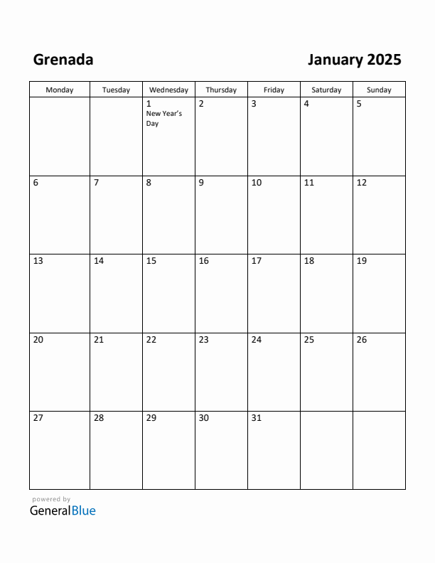 January 2025 Calendar with Grenada Holidays