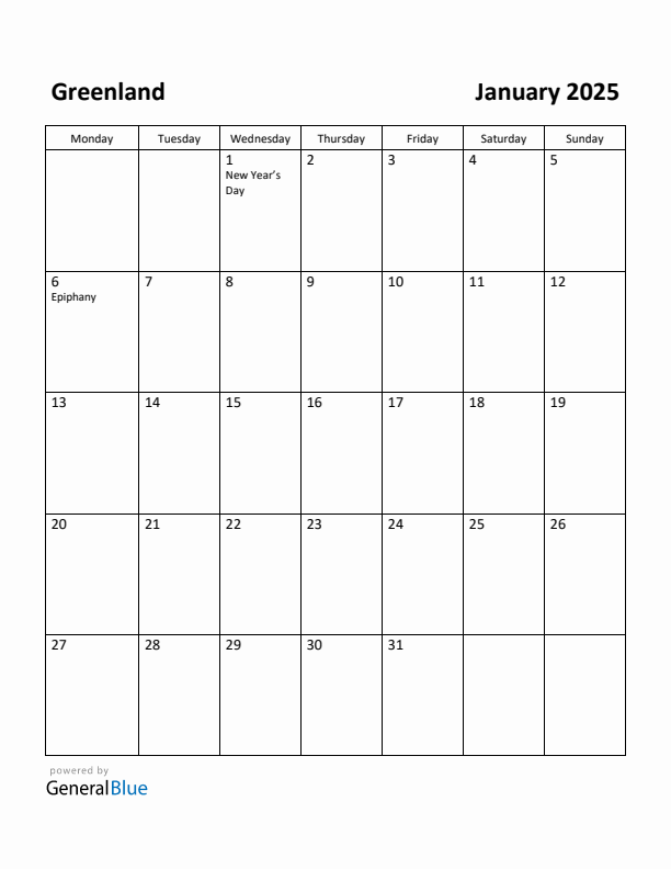 January 2025 Calendar with Greenland Holidays