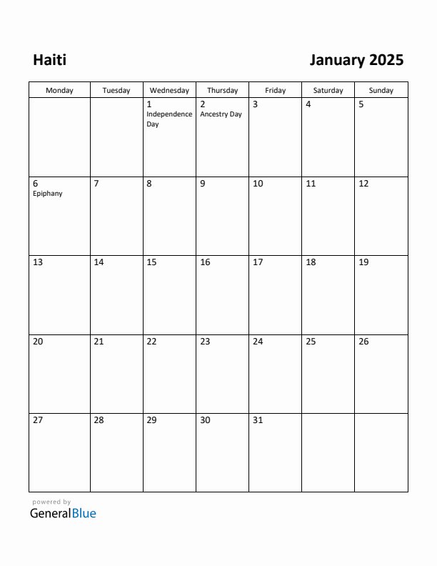 January 2025 Calendar with Haiti Holidays