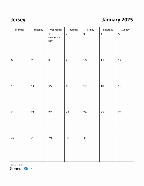 January 2025 Calendar with Jersey Holidays