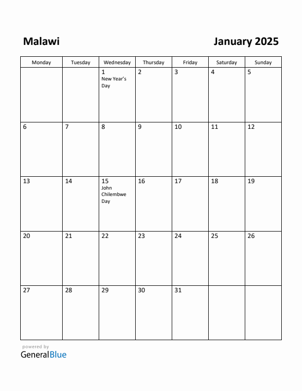 January 2025 Calendar with Malawi Holidays