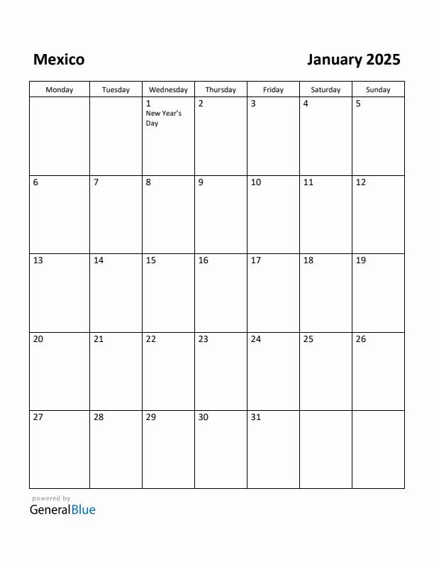 January 2025 Calendar with Mexico Holidays