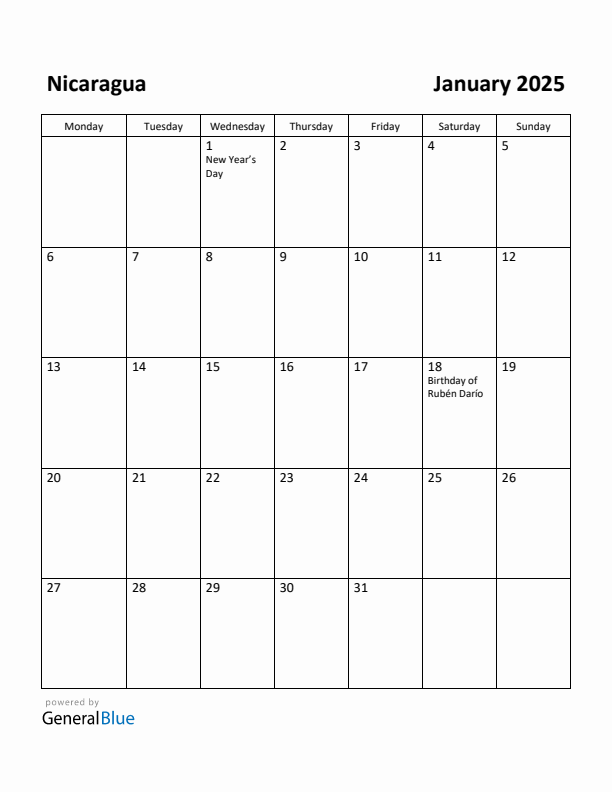 January 2025 Calendar with Nicaragua Holidays