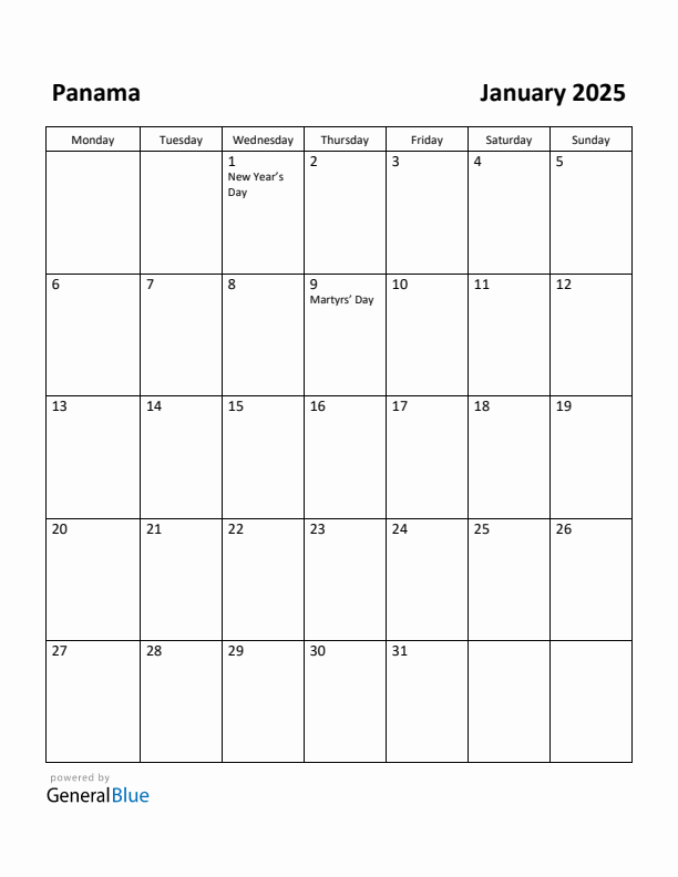 January 2025 Calendar with Panama Holidays