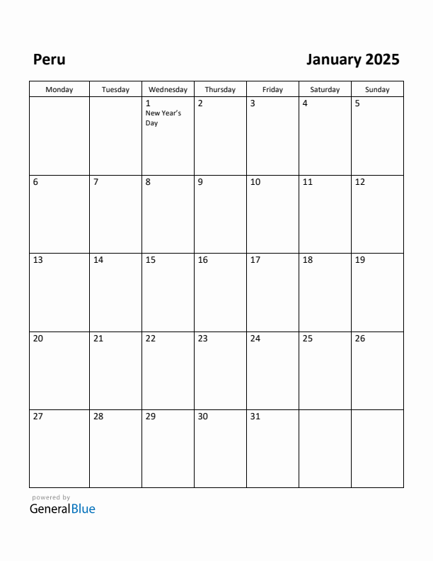 January 2025 Calendar with Peru Holidays