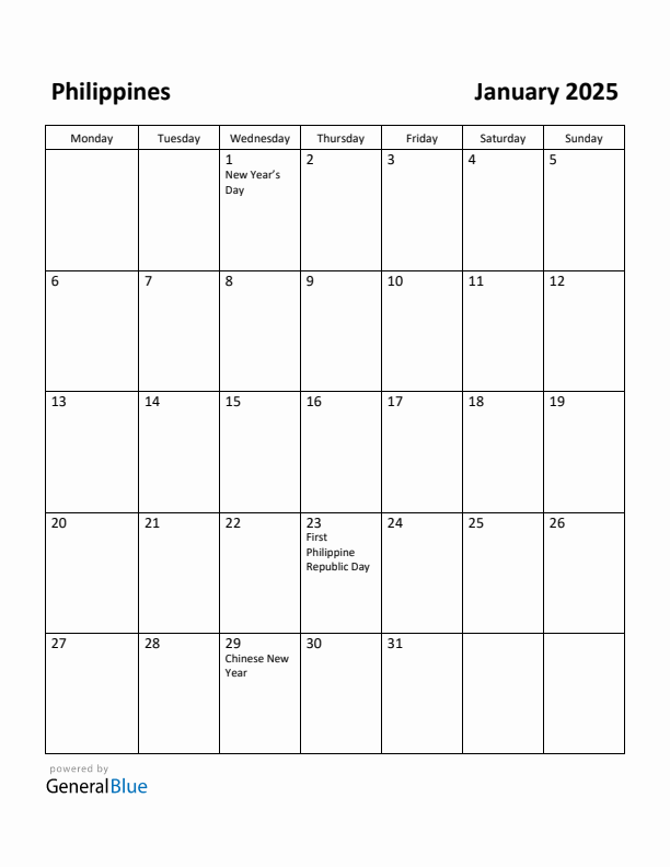 January 2025 Calendar with Philippines Holidays