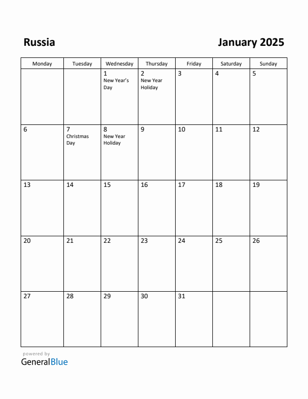 January 2025 Calendar with Russia Holidays