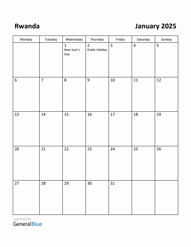 January 2025 Calendar with Rwanda Holidays