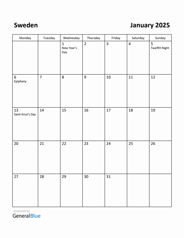 January 2025 Calendar with Sweden Holidays